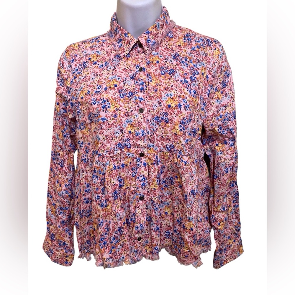NWT True Craft Girls XL Ditzy Floral Print Top Cotton Modal Blend Raw Fringe Hem